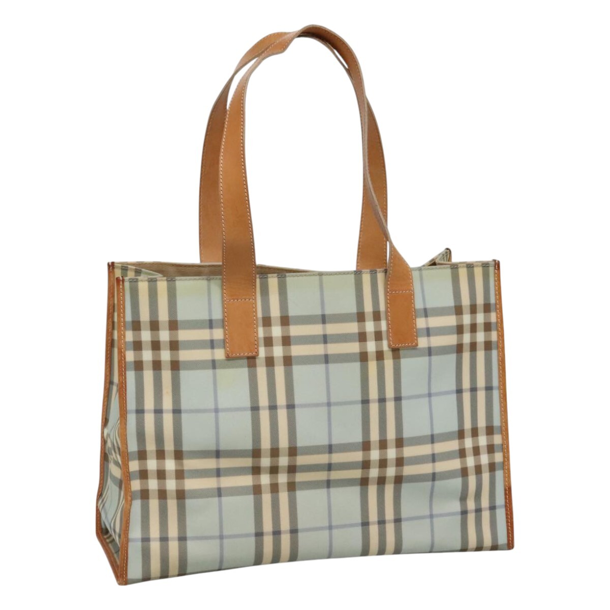 BURBERRY Nova Check Tote Bag PVC Light Blue Brown Silver Auth 