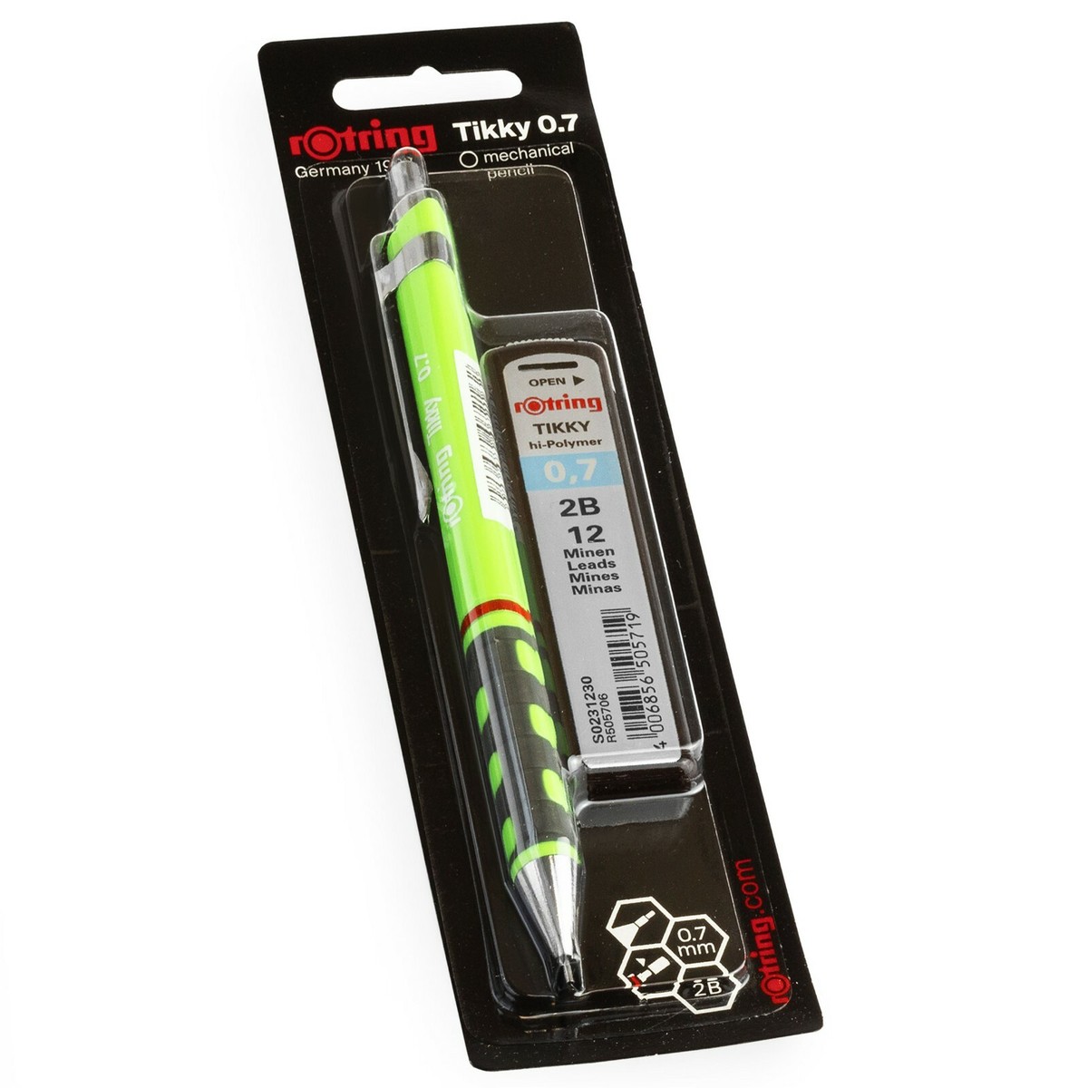 Rotring Tikky Mechanical Pencil 0.7mm 2B Neon Green Barrel plus 12