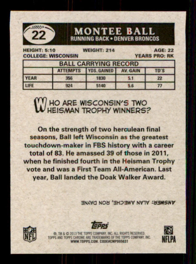 2013 Topps Chrome 1959 Minis #22 Montee Ball - Image 2 of 2