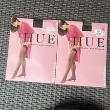 Lot Of 2 HUE Nylon Lace Stockings Thigh High Sta Up BLACK Size 1