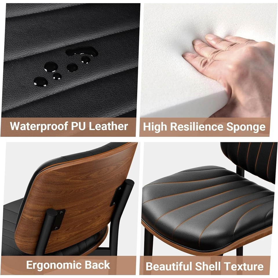 Juego de 2 sillas de comedor modernas tapizadas de cuero PU negras de mediados de siglo Foto 4 de 4