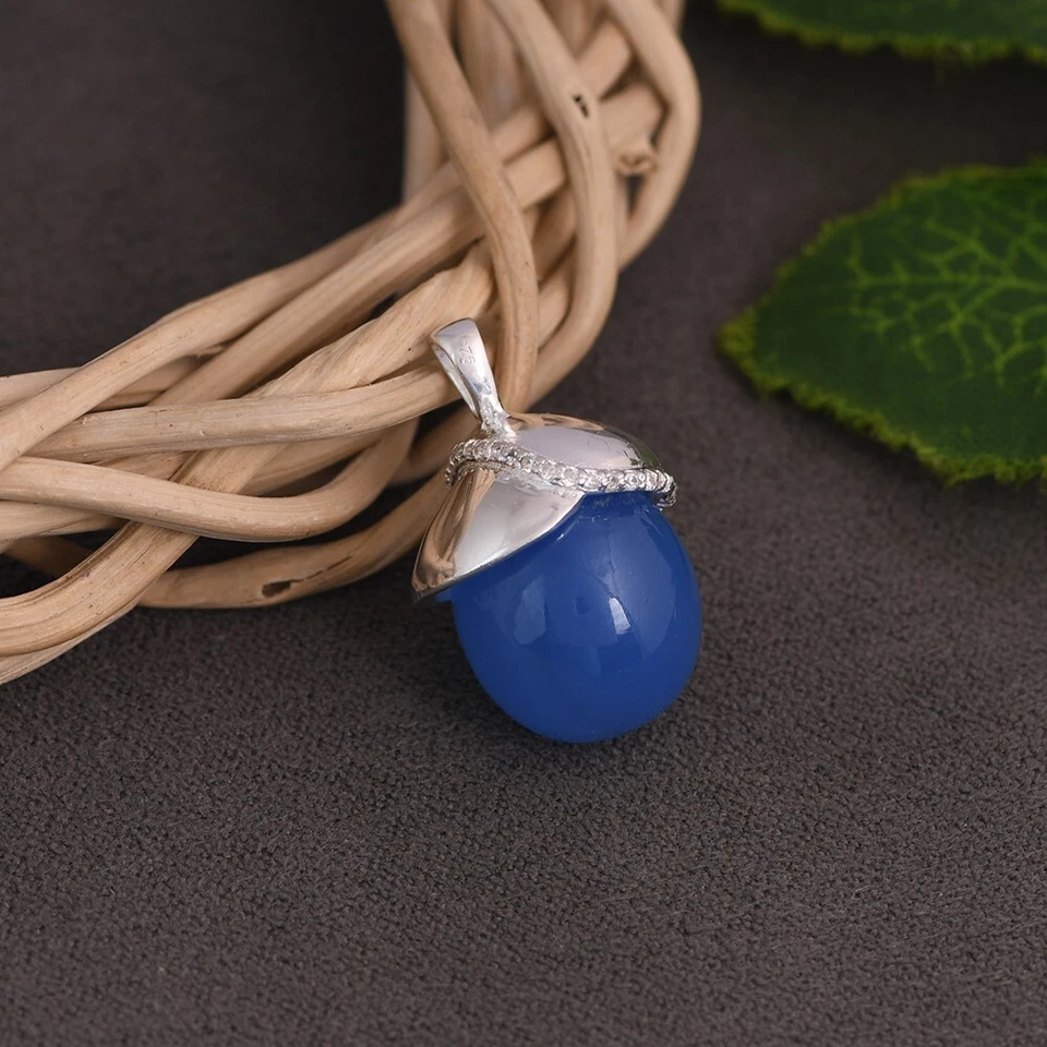 Dije de bellota de plata de ley con piedras preciosas de calcedonia azul accesorios de joyería Foto 4 de 4