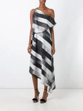 HALSTON HERITAGE Black White Stripe Print One Off Shoulder Cocktail Dress 0 = XS