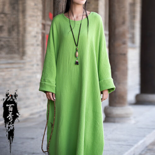 2024 Spring Cotton Linen Retro Women's Chinese Loose Fitting Women's Dress Robe - Afbeelding 1 van 30