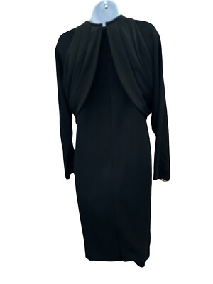 Vintage 70s Adele Simpson Black Satin Silky Dress S Draped Front Art Deco Style
