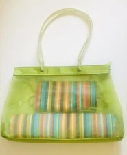 3 Pc set Summer Beach Green Mesh Bag Shoulder Picnic Tote W/Grass Mat+Swim Bag  