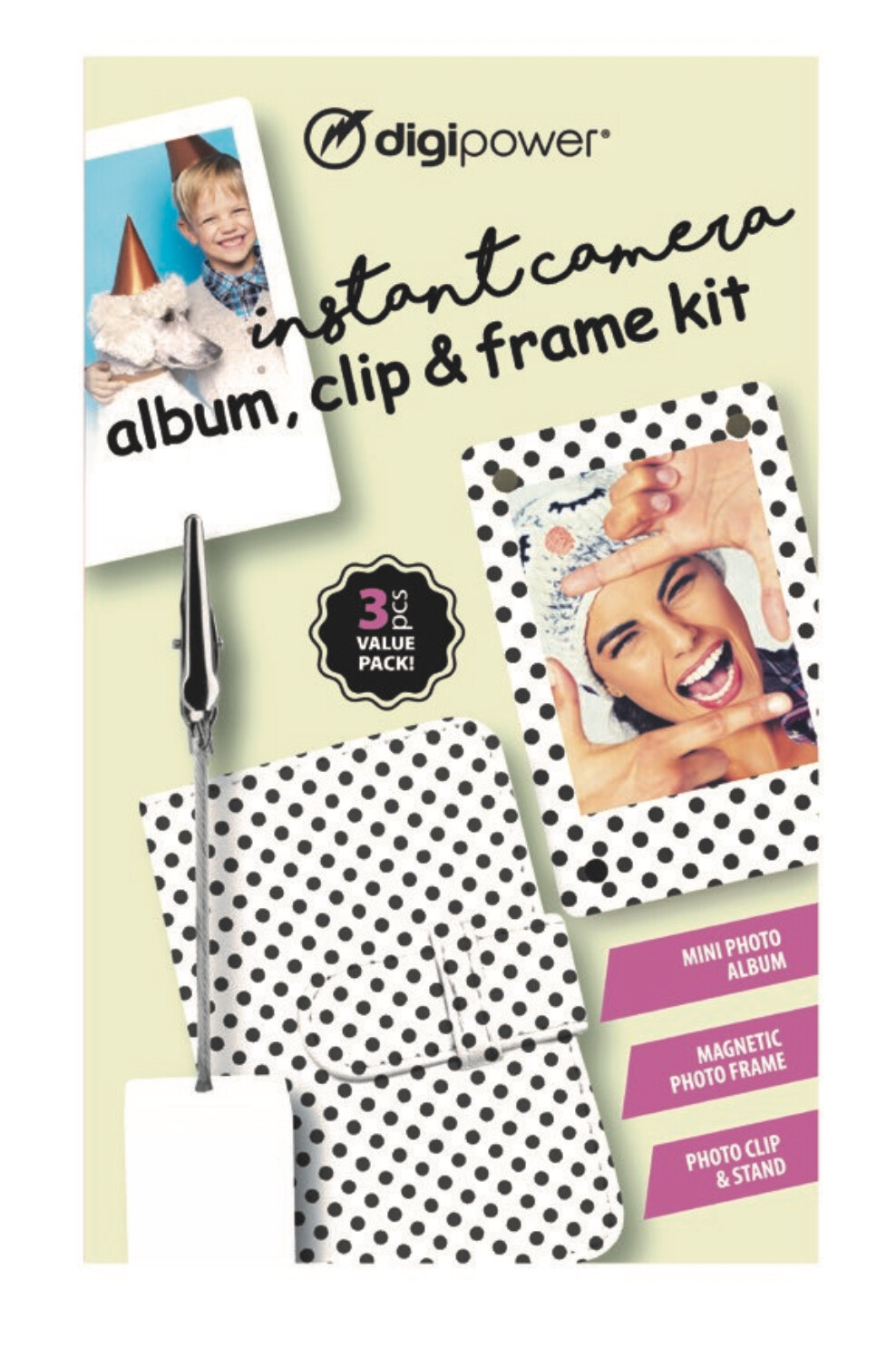 DigiPower Instant Camera - 3 pc Set Album Clip & Frame Kit Black White Polka Dot-image