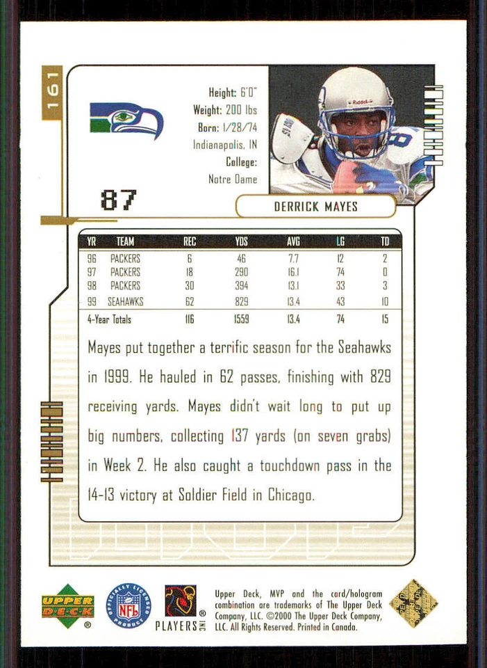 2000 Upper Deck MVP Gold Script #161 Derrick Mayes - Image 2 of 2