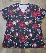 Womens M Polyester Blend V-Neck Scrub Top Black Snowflake Print Pockets