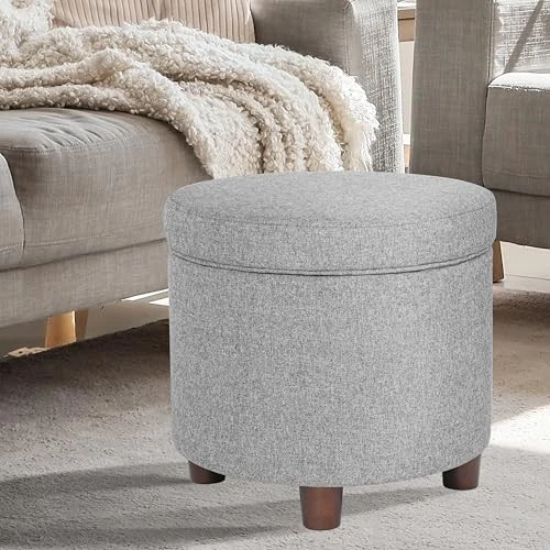 Light Gray Round Ottoman With Storage 19 Inch Soft Fabric Living Room Furniture - Image 2 of 4