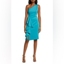 Eliza J ONE-SHOULDER RUFFLE SCUBA DRESS IN TEALSize 10 NWT