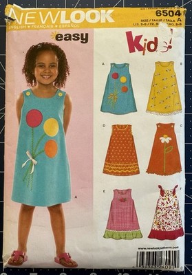 New Look Pattern 6504 Girls Sleeveless Summer Sun Dress Trim Appliques 3-8 Uncut