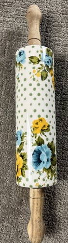 Pioneer Woman Rose Shadow Floral Green Polka Dot Ceramic Rolling Pin Retired