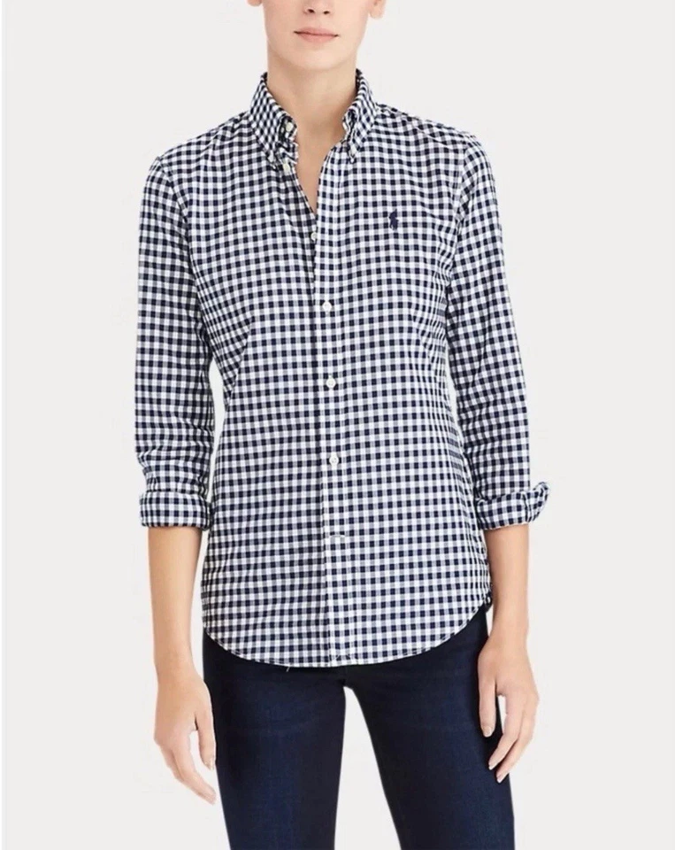 全新 Ralph Lauren 女式 8 修身纽扣衬衫海军蓝白色格子 — 第 2/4 张图片