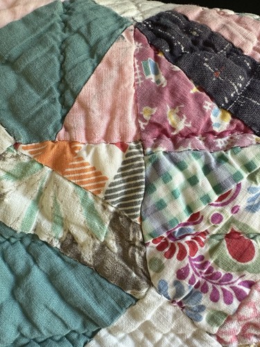 Antique 20’s Patchwork Quilt Hand Quilted Log Cabin Crazy Raw Cotton 60x75” - Picture 11 of 24