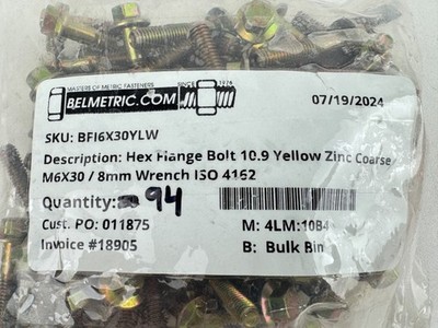 Belmetric Hex Flange bolt 10.9 Yellow Zinc Coarse M6x30 / 8mm Wrench BFI6X30YLW
