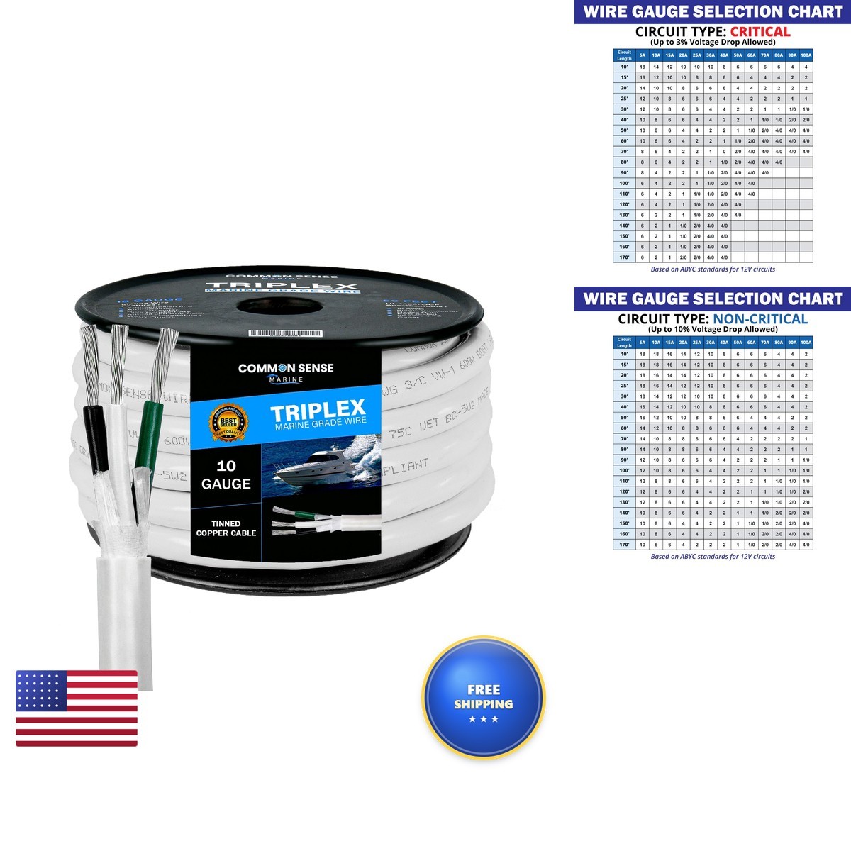 10/3 AWG 3 Conductor Marine Wire 25 ft Triplex Round Tinned Copper for Boat