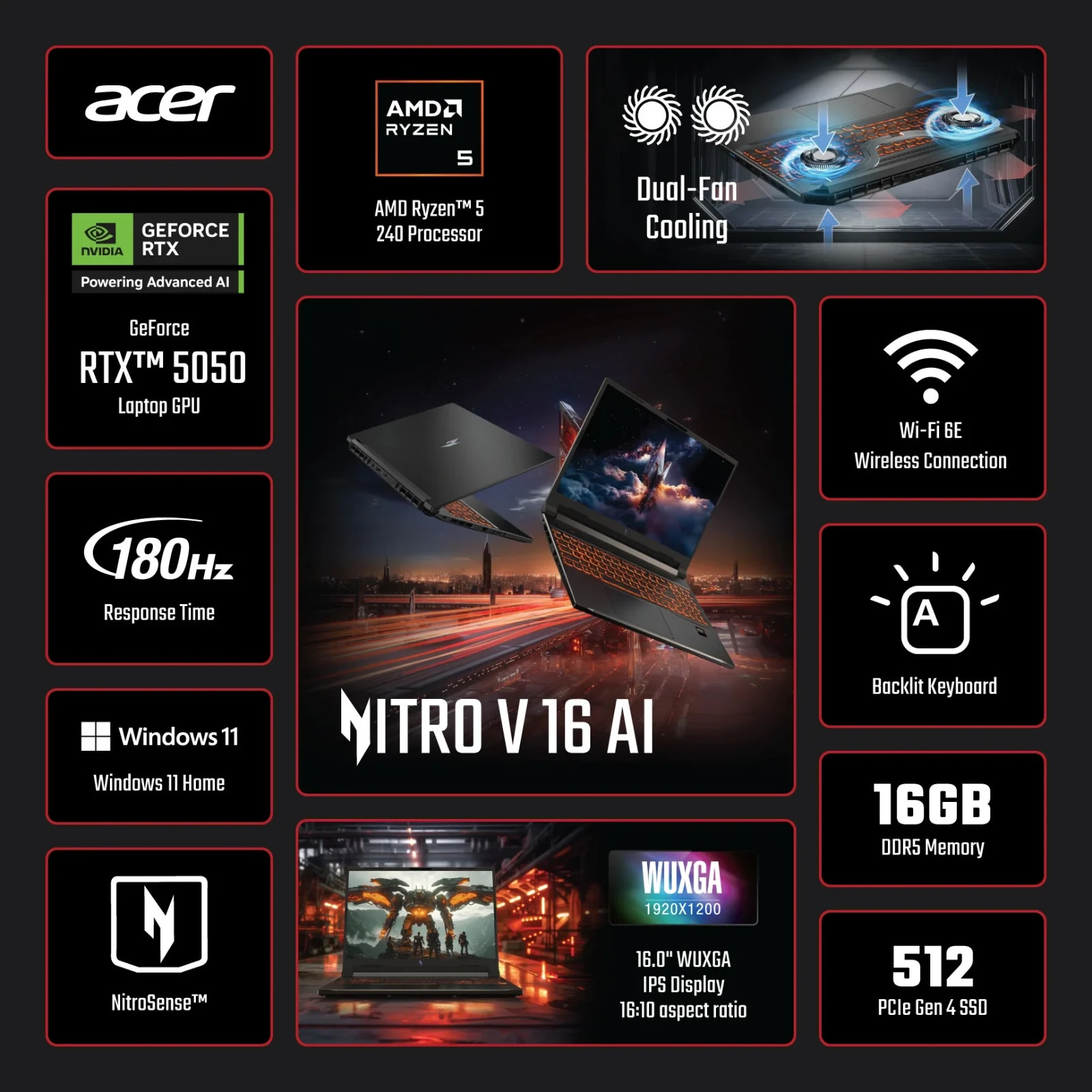 Acer Nitro V16 AI 16”WUXGA IPS 180Hz AMD Ryzen AI 5 240(OPEN SEAL) 11