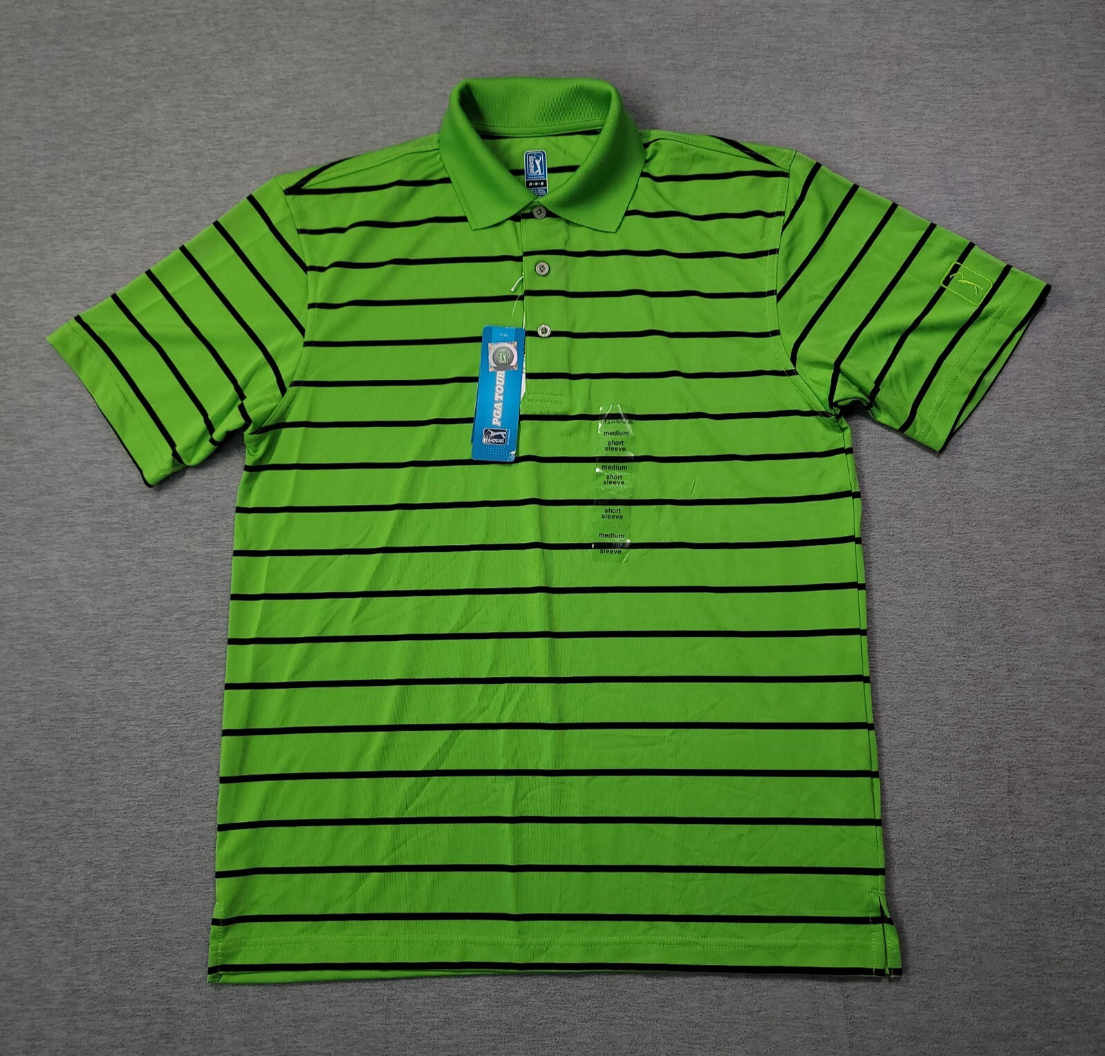 PGA Tour Polo Shirt Mens Medium Green Black Striped Airflux Dry Golf NWT
