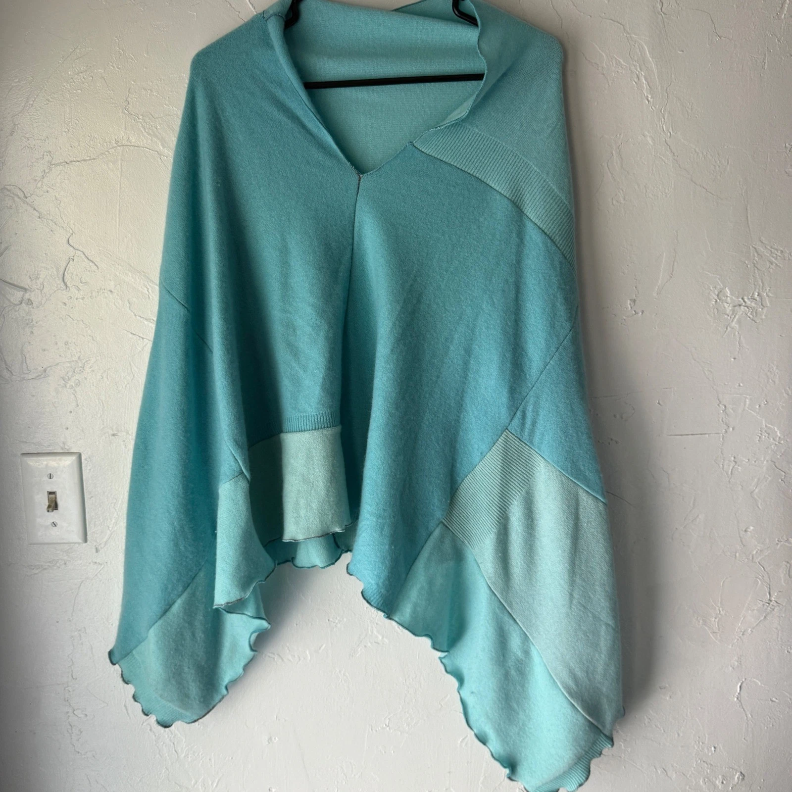 Blue Knit Poncho Cover Up Ruana Cape Shawl Asymmetric Hem Versatile Cashmere
