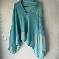 Blue Knit Poncho Cover Up Ruana Cape Shawl Asymmetric Hem Versatile Cashmere