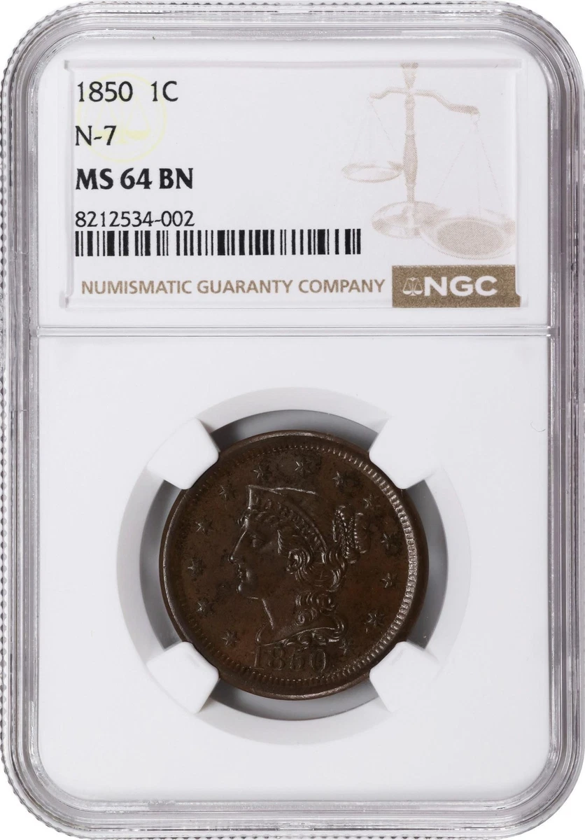 MS 64 Graded 1850 Year Braided Hair Large Cents (1839-1857) for