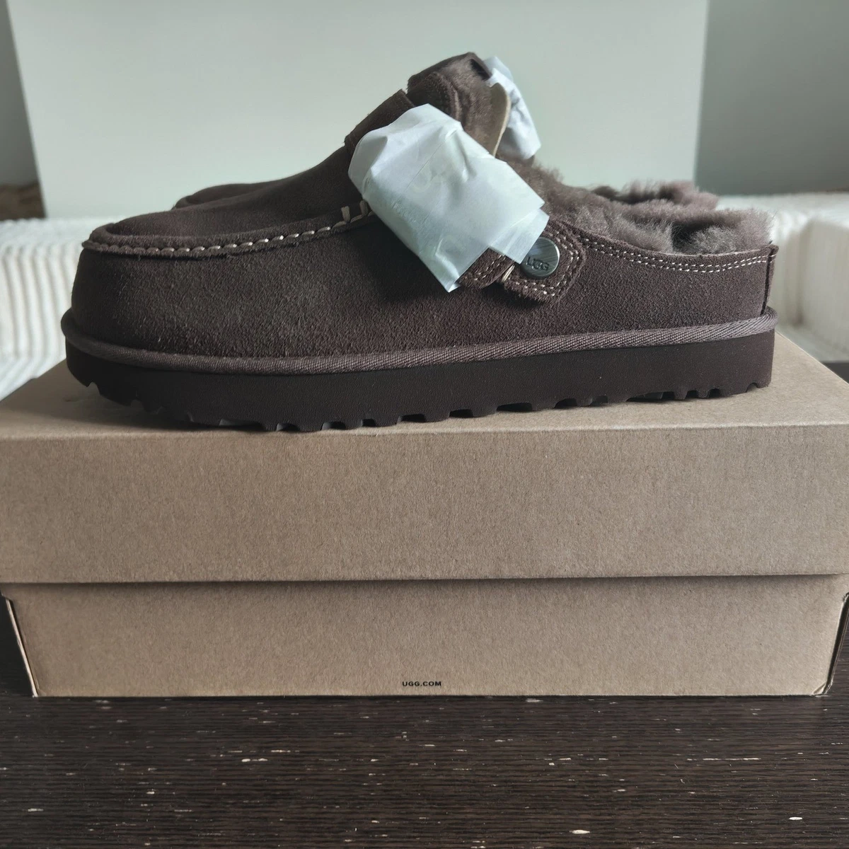 UGG Goldenstar Evelina Clog Womens UK 7 EU 40 Brown Suede Sheepskin New Boxed
