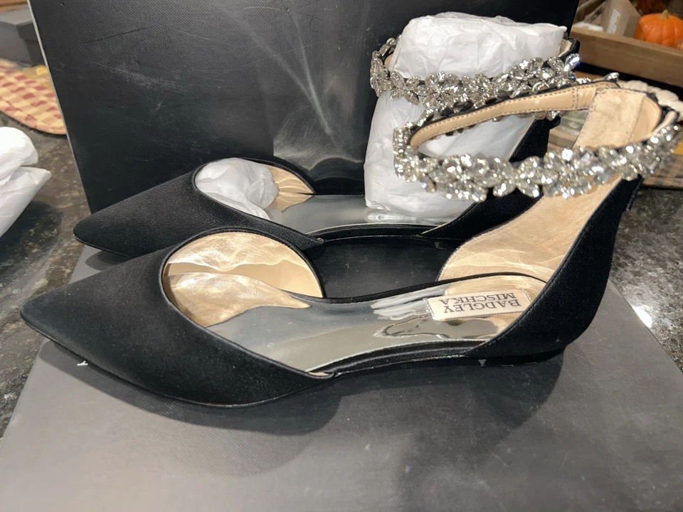 Badgley Mischka alça de tornozelo cristal enfeitada cetim liso preto tamanho 7.5 nova - Imagem 4 de 4