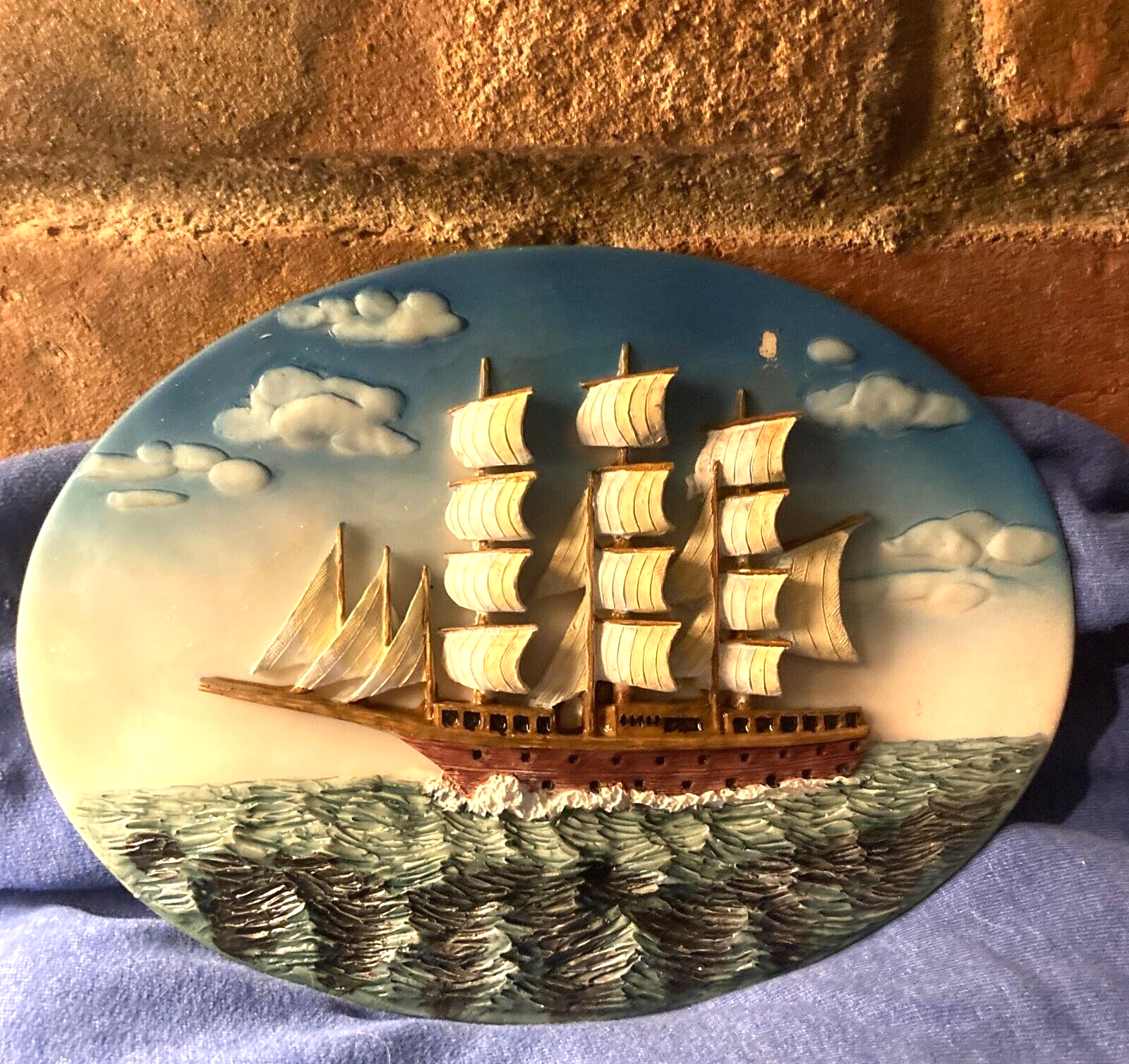 Vintage 3D Resin Clipper Ship Plate Collector's Item 6.5 x 9  1980s preowned