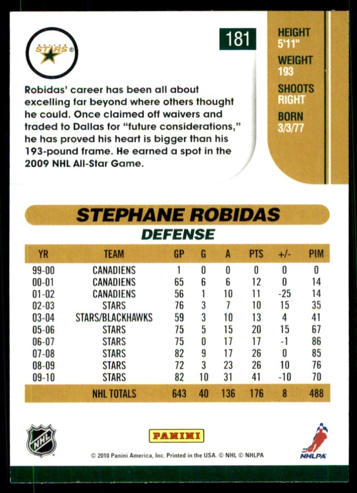 2010-11 Score Stephane Robidas #181 - Image 2 of 2
