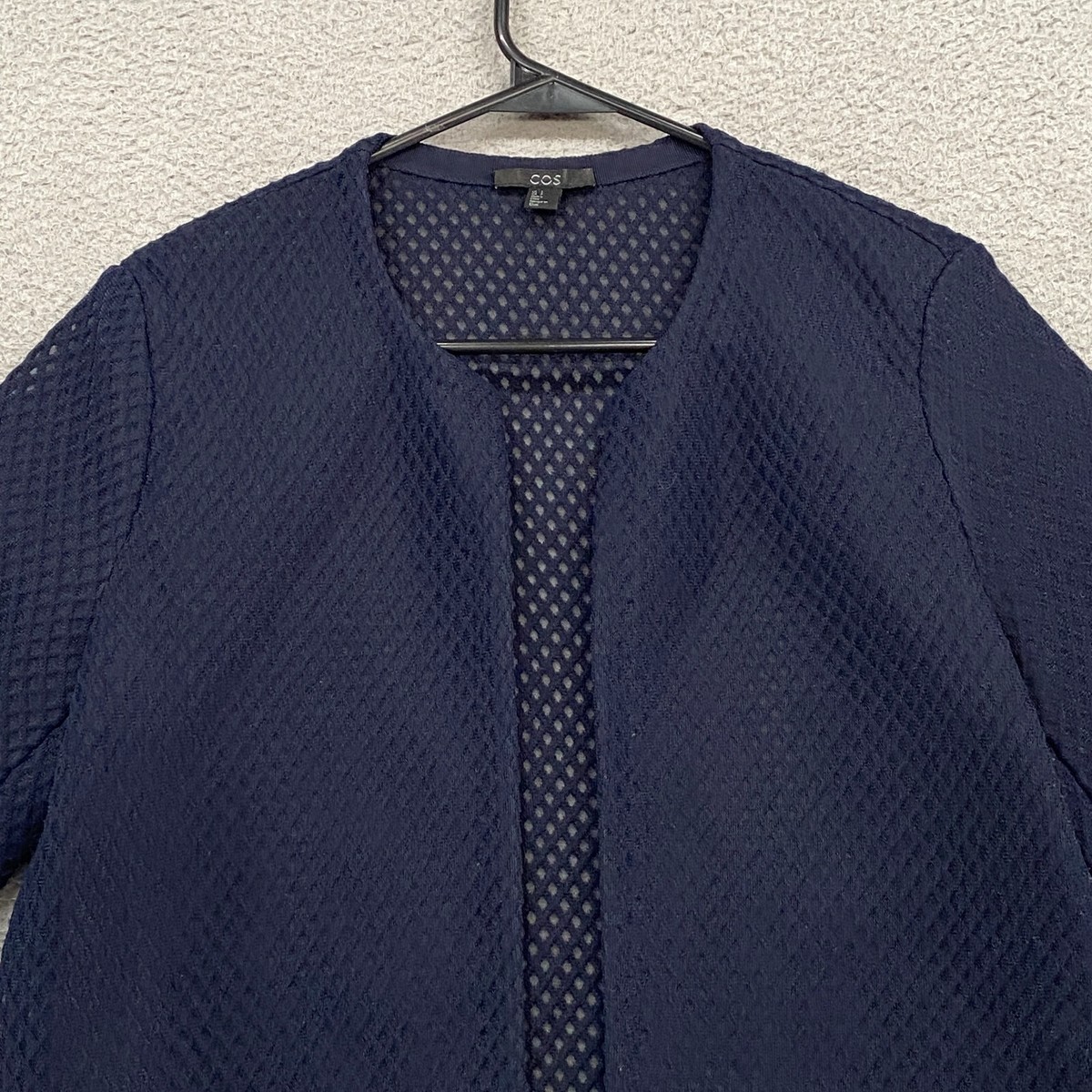 COS Boxy Blazer Jacket Womens Small Open Weave Lattice Short Sleeve Topper  Blue