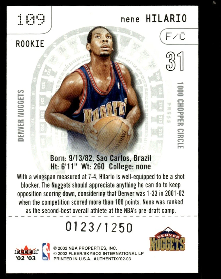 2002-03 Fleer Authentix Nene Hilario Rookie 0123/1250 Denver Nuggets #109 - Image 2 of 2