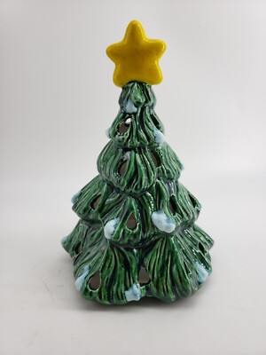 Vintage Ceramic Handmade Christmas Tree Tea Light Holder 6.5in tall