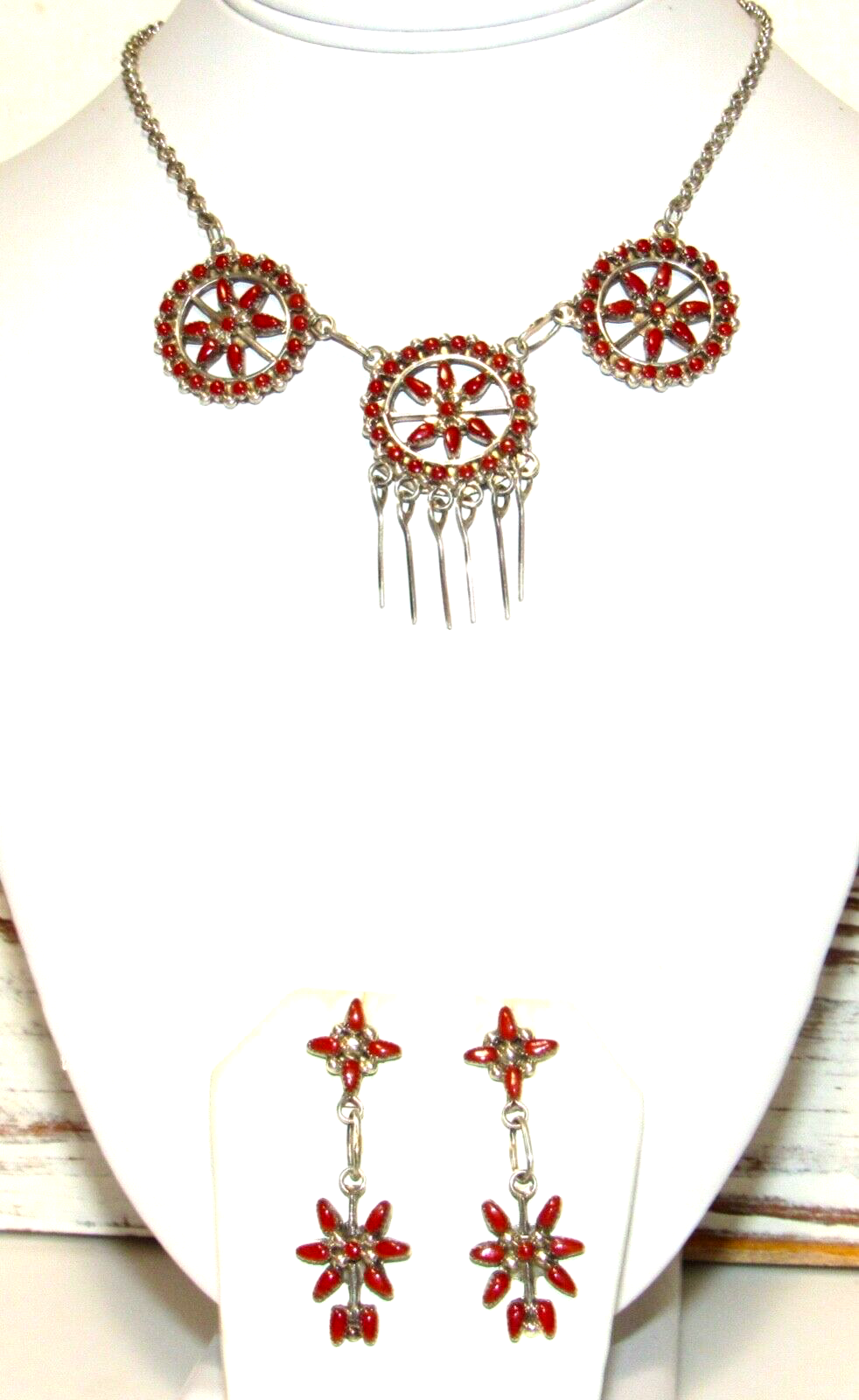 VTG Zuni Coral Necklace and Earrings Set Sterling Silver Native