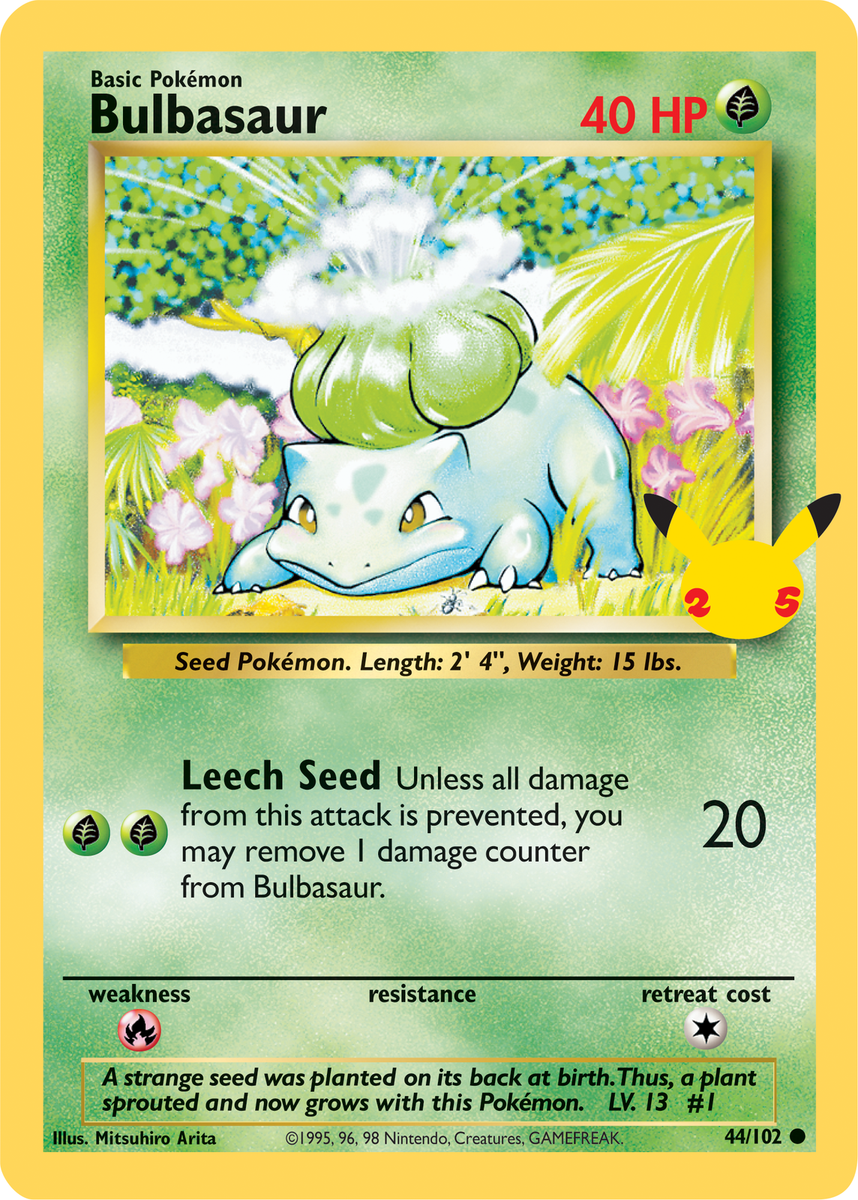 bulbasaur pokemon card value 44/102 - - Common [GG] Leech Seed (20) Unless all damage from this attack is prevented Bulbasaur 044/102 Base Set Regular