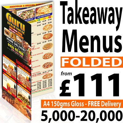 Takeaway GEFALTETE Farbe A5, A4 oder A3 bedruckte Menüs/Broschüren/Flyer 150 gms