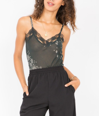 Spitzen Camisole Seide Baumwolle Mix Grau - Trägertop in Paisley Print - Größe S 6-8