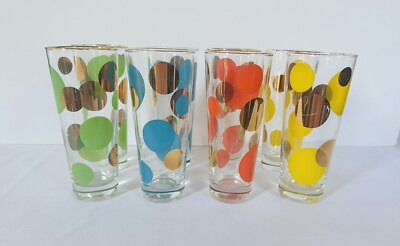 MCM set of 8 Russel Wright Eclipse Hi ball glassware multicolor &gold polka dots