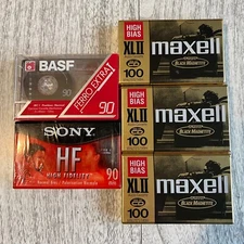 Lot of 5 Vintage New Audio Cassette Tapes Maxell XL II BASF Sony SEALED