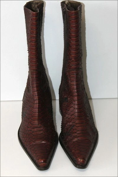 MANFIELD Bottines Pointues Cuir Imprimé Reptile Marron Acajou T 37 ETAT NEUF - Photo 3/4