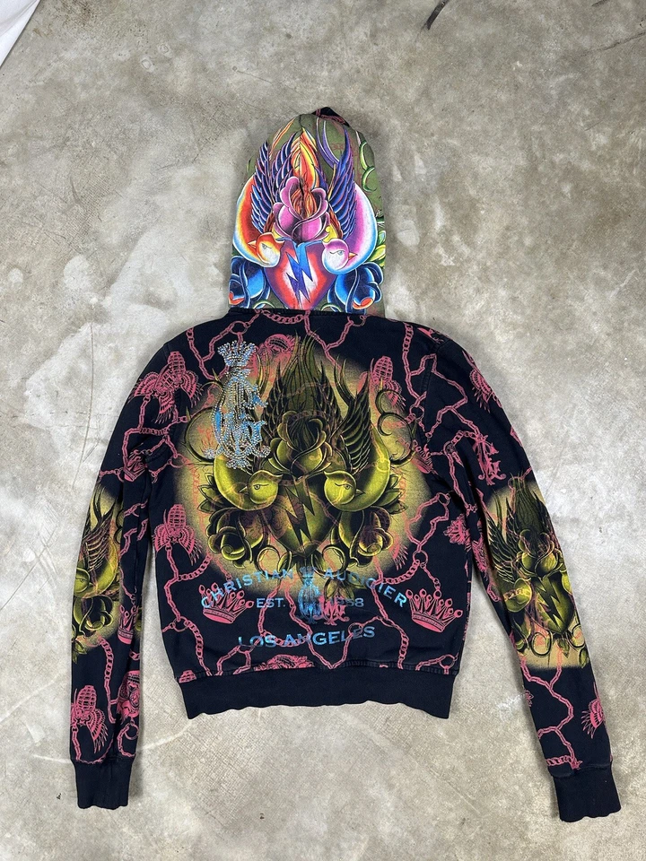 Christian Audigier Sudadera con Capucha Estampado Completo Estrás Cremallera Forrada Satinada Mediana Pequeña Foto 2 de 4
