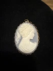 Vintage Cameo on Blue Gold Tone Oval Brooch Pendant Costume Jewelry 1.75”