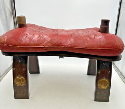 1940's Moroccan Folding Camel Stool W/ Red Leather Cushion Egyptian Vtg RARE