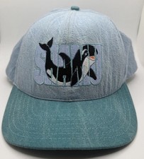 VINTAGE 1992 SeaWorld SHAMU Made In USA Snapback Hat Blue Denim Cap Orca Logo