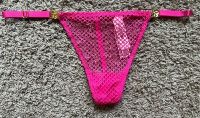 NWT Victoria s Secret Fishnet V-String Thong Panty Hot Neon Pink Adjustable M