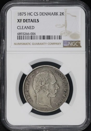 1875 HC CS Denmark Silver 2 Kroner KM#798 NGC XF Details Cleaned
