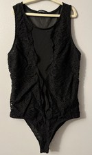 Sheer Body Suit Woman  s Size Large Black Lace Short Sleeve