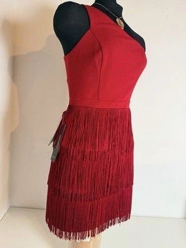 Vestido Adrianna Papell para mujer talla 2 rojo sin mangas nuevo con etiquetas falda con flecos en capas Y2K