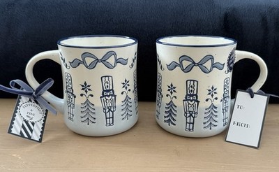 2 Peppermint and Pine Blue Nutcracker Christmas Mugs Large 18 oz Stoneware