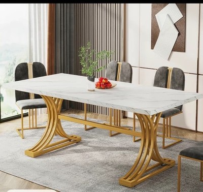 White/Gold Glossy Rectangular Dining Table 70x34x30 in, Adjustable Feet